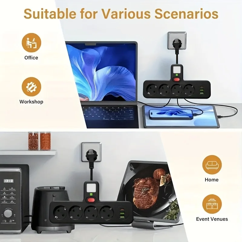 Wall mounted power socket main control switch, 4 sockets and 3 power ports, 2 USB and 1 Type-C, flexible short wire, suitable fo