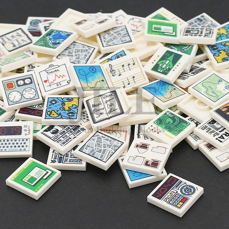 MOC City Street View Tile 2x2 with Printing 3068 Building Block Computer Medical Equipment Newspaper Map Menu Pattern Brick Toy