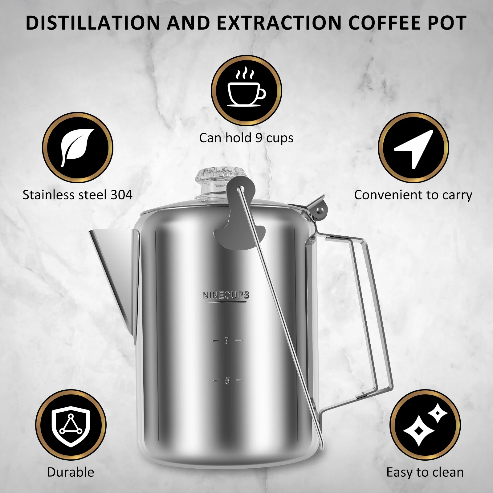 Percolator Coffee Pot Stainless Steel Camping Coffee Pot Outdoor Stovetop Coffee Maker with Clear Top Glass Knob 9 Cups Coffee