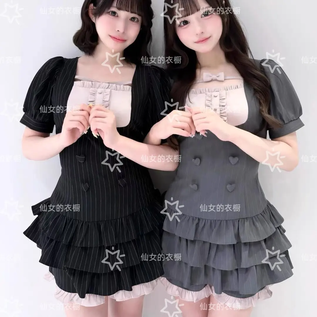 Japanese New Sweet Two-piece Set Women Butterfly Bow Collar Double Row Heart-shaped Buckle Girls Short Sleeved Dress Sets