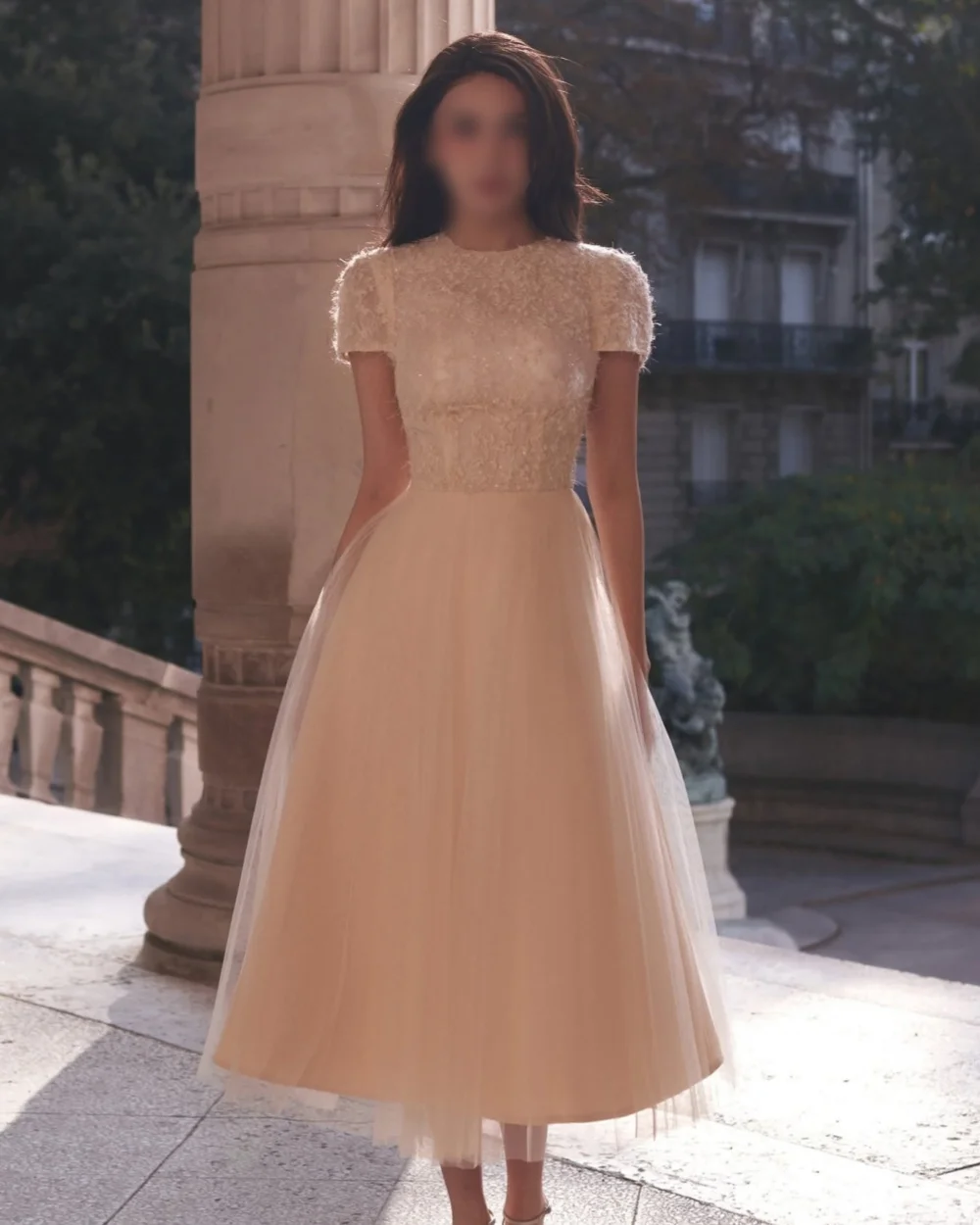 

Customized High Quality Fashion Tulle Beading Pleat A-line Scoop Neck Tea Length Dresses Bespoke Occasion Dresses Formal Retro