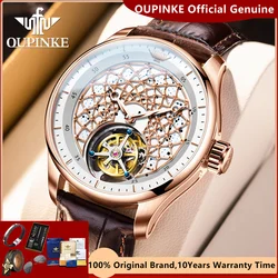 OUPINKE Tourbillon Watch for Men Genuine Leather Strap Sapphire Mirror Skeleton Flywheel Mechanical Wristwatch Luxury Man Watch