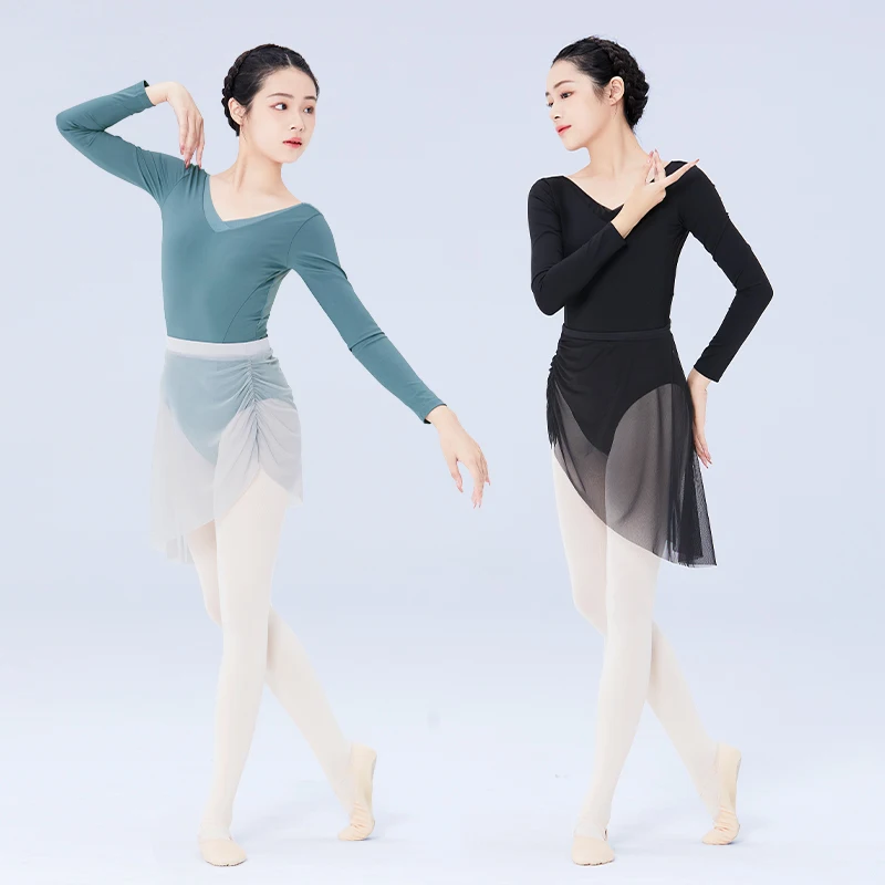 Ballet Leotards Woman Dance Leotard Cross Collar V Back Long Sleeves Splice Gymnastic Leotard Nylon Dancing Bodysuit Swimsuit