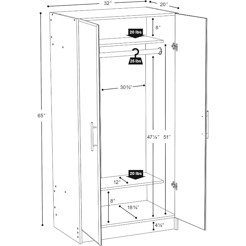 Elite Functional Wardrobe Closet Cabinet with Hanging Rail, Simplistic 2-Door 20