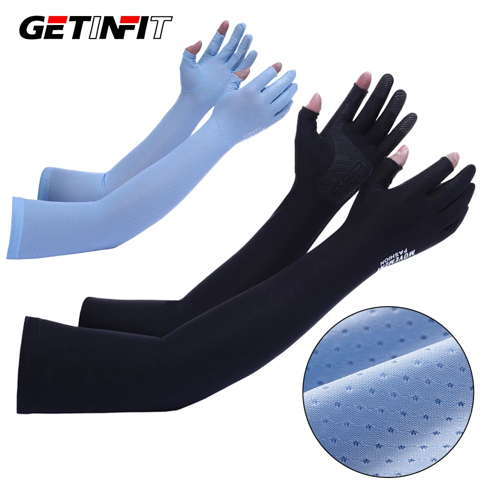 GETINFIT 1 زوج الصيف اثنين إصبع كم تنفس شبكة الحرير الجليد الجليد كم الشمس المحمية ركوب الصيد الذراع كم الرجال النساء