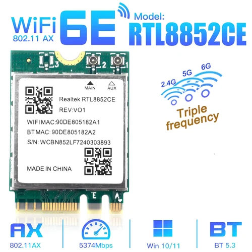 M.2 WiFi 6E Triple Band 5374Mbps Bluetooth 5,3 adaptador Gigabit Dongle inalámbrico RTL8852CE 802.11ax tarjeta de red para Windows 10/11