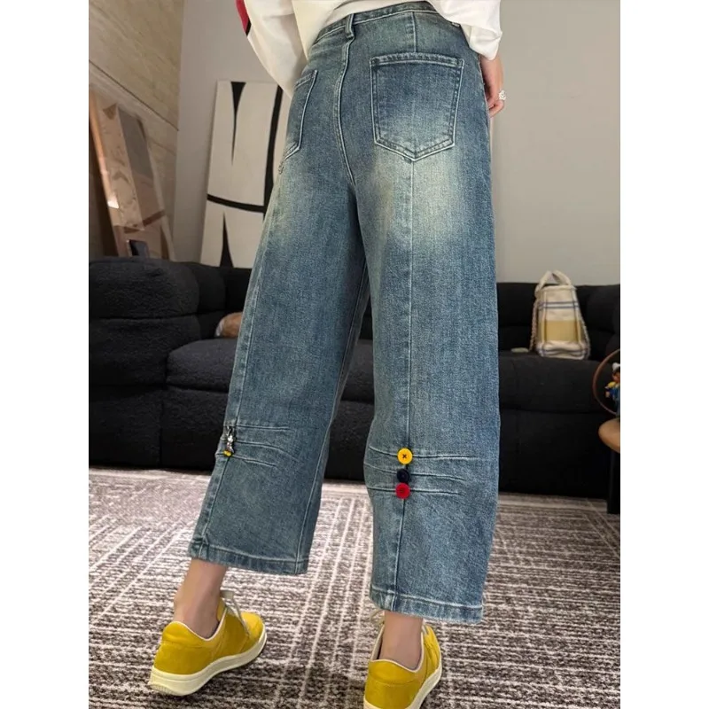

Women's 2026 New Spring Vintage Mickey Colorful Button Jeans Pinched Pleat Niche Loose Straight Eight-Point Denim Pants Trendy