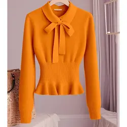 2024 Autumn New French Style Gentle Sweet Slim Fit Office Lady Knitted Sweater Pullover Long Sleeve Versatile Temperament Top