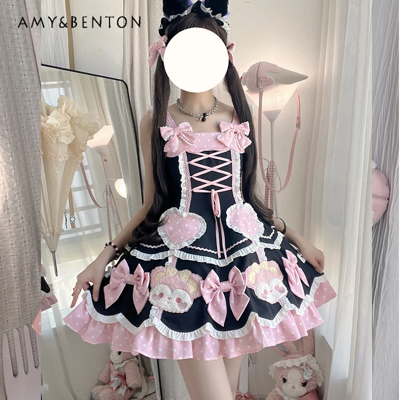 Polka Dot Bear Sticker Cartoon Embroidery Sweet Cute Lolita Suspender Dress Kawaii Bow Splicing Color JSK Tutu Dress for Women