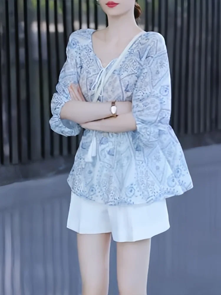 Imprimé fleuri ample mince Svel femmes irt été Faionable Vaion Sle fibre de Polyester longue Sve longueur régulière