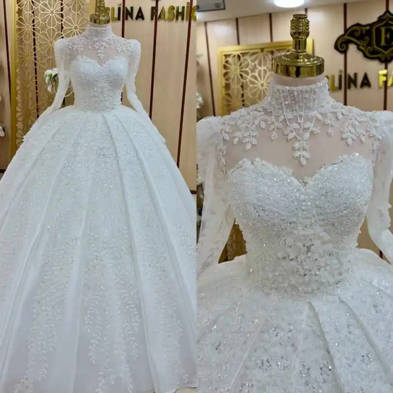 

Exquisite Sequins Ball Gown Weddiing Dresses High Neck Long Sleeve Bride Gowns Beaded Customized Vestidos De Novia