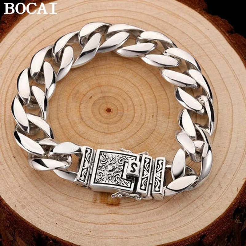 

BOCAI NEW S925 Sterling Silver Retro Simple Stylish Plug Totem Men's Bracelet 12MM Wide Fashion Jewelry