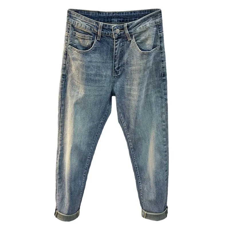 Washed Jeans Men's Spring and Autumn 2024 New Fashion Embroidery Simple Casual All-Match Slim Fit Ankle Tight Trousers