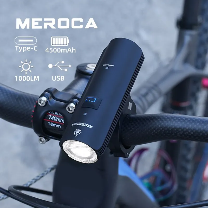 MEROCA Bicycle Front Light Type C Rechargeable 4500mAh Ipx5 Rainproof Led Flashlight 1000LM Mountain Bike Lamp