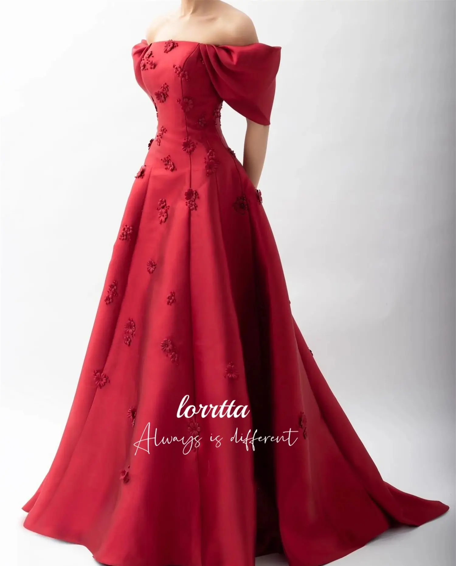 Flower Decoration Deep Red Satin Evening Dress Elegant Long Woman Party Dresses Prom Wedding Sharon Happy Customized فساتين سهرة