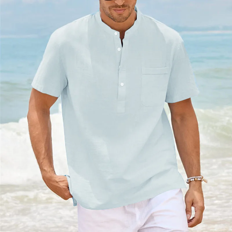 

Summer Mens Short Sleeve Henley Shirts Casual Button Down Shirt Lightweight Beach Wear with Pocket Breathable Streetwear