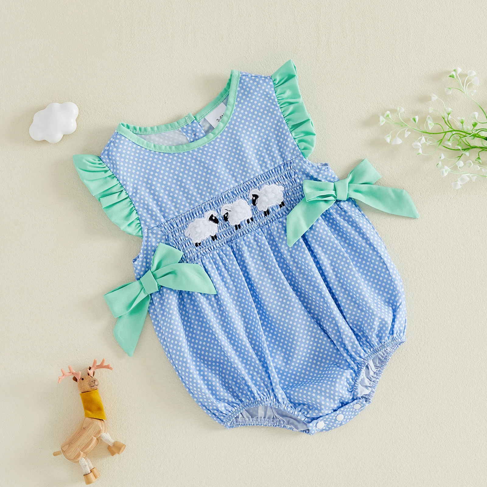 Roupa de verão para bebês meninas ovelhas bordadas manga voadora macacão bolha bolinhas estampadas body infantil roupas de fazenda