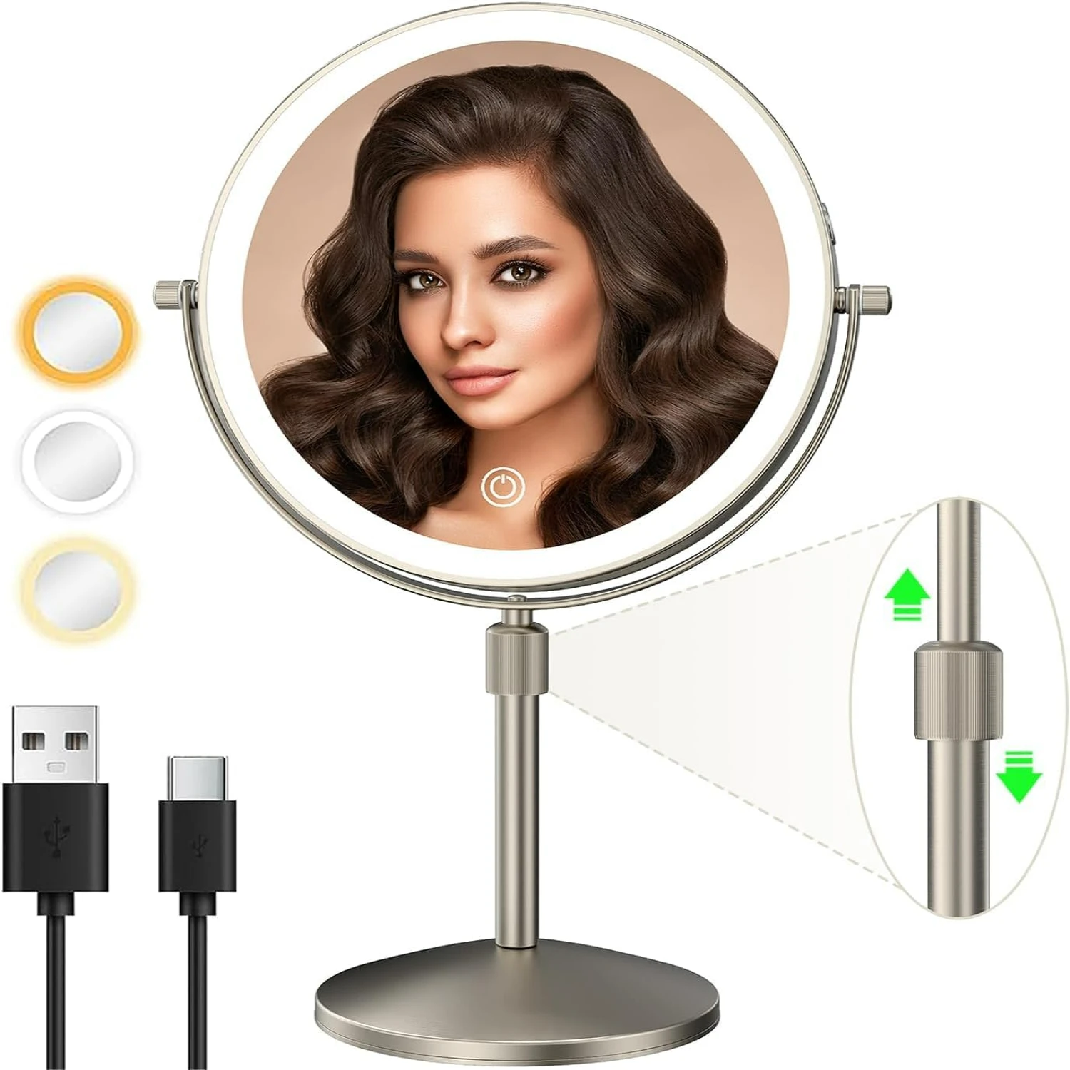 Rechargeable Stunning Gold 8 Inch Lighted Makeup Mirror with Adjustable Height and Brightness, Double Sided 1X/10X Magnification