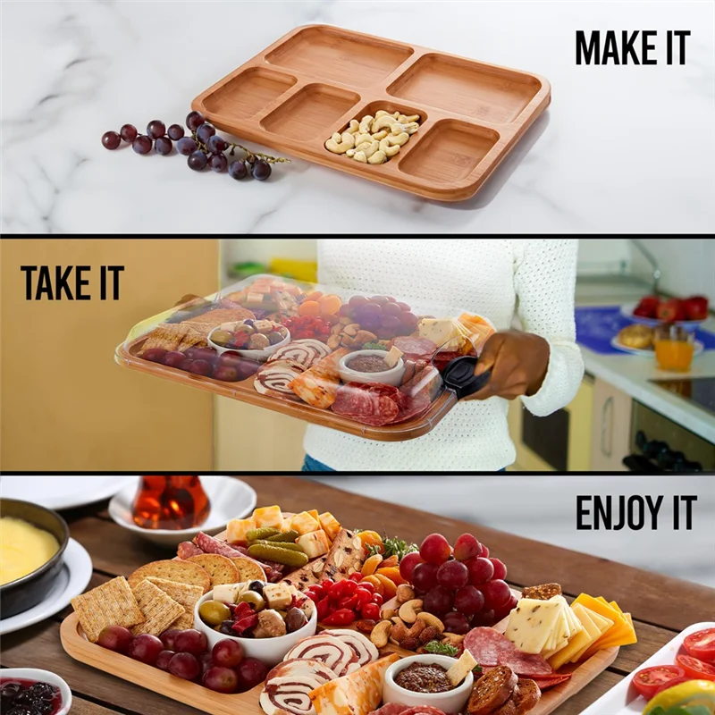 AT63-Build-A-Board Cutting Board With Compartments And Clear Locking Lid For Charcuterie Snacks, Bamboo With Bottle Opener