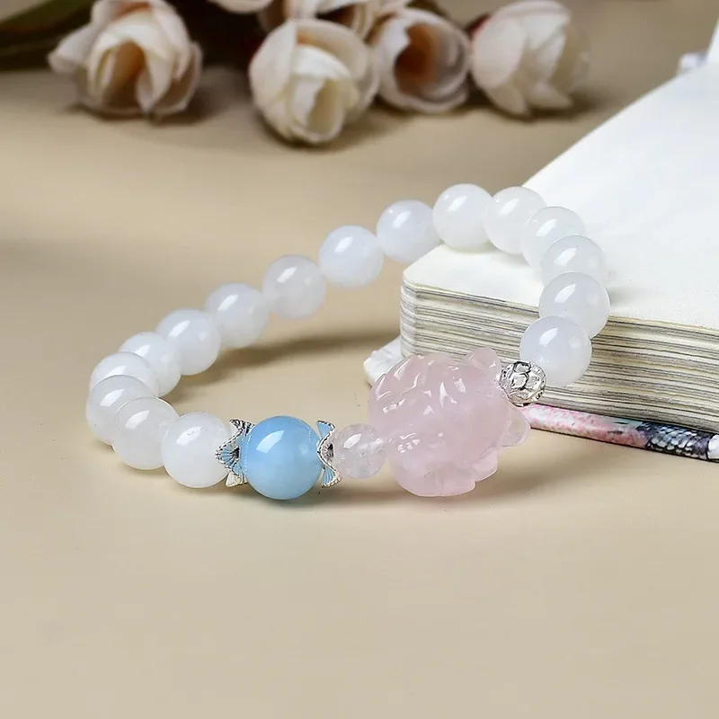 

Natural Blue Moonlight Aquamarine Bracelet Pink Crystal Nine-tailed Fox Ladies Light Luxury Fashion Lucky Bracelet