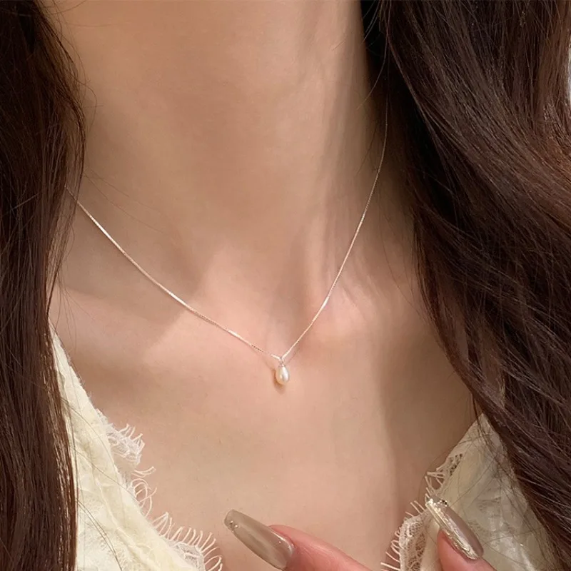 Classic Simple 925 Sterling Silver Single Oval Pearl Pendant Necklace for Women Temperament Collar Chain Jewelry Colorfast Gift