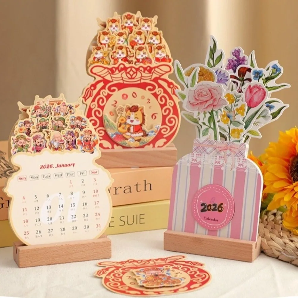 Wooden Stand Flowers Desk Calendar Card Insert Paper Craft Vase-Like Calendar Traditional Standing Desk Calendar School