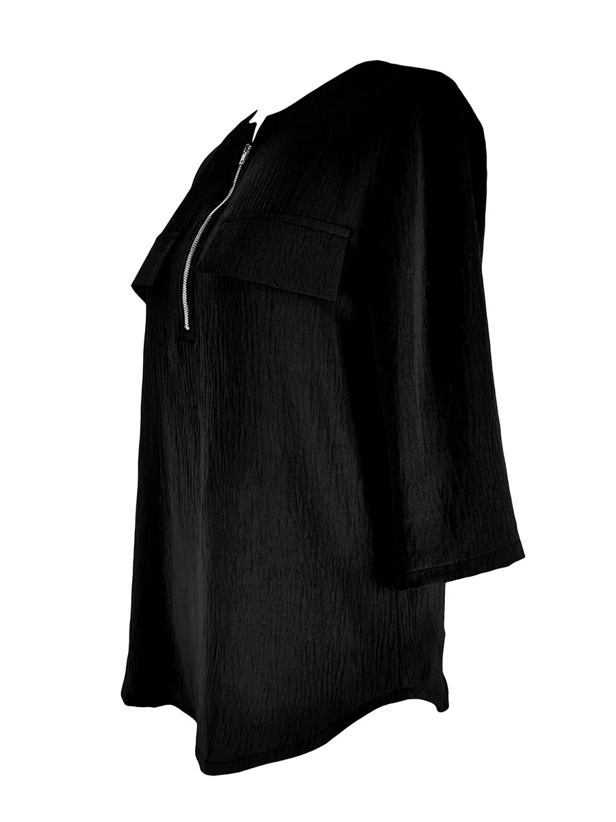 Heißer Verkauf Elegantes Damen-Oberteil mit Reißverschluss und V-Ausschnitt, Schwarzes Top, Modische 3/4-Ärmel-Bluse, Locker Sitzendes T-Shirt mit Tasche, Büro-Damenhemd – Detail 5