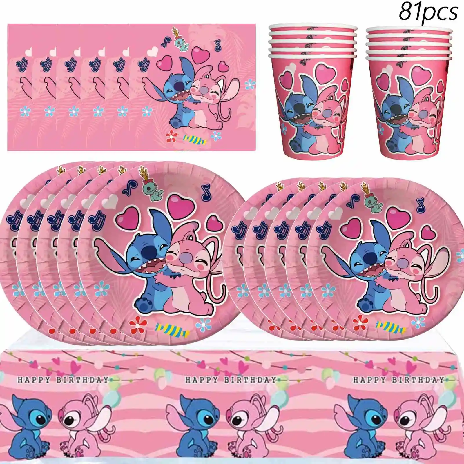 81 pièces de fournitures pour fête d'anniversaire Stitch, comprenant des assiettes en papier, des gobelets en papier, des serviettes, une nappe pour la décoration de fête Stitch