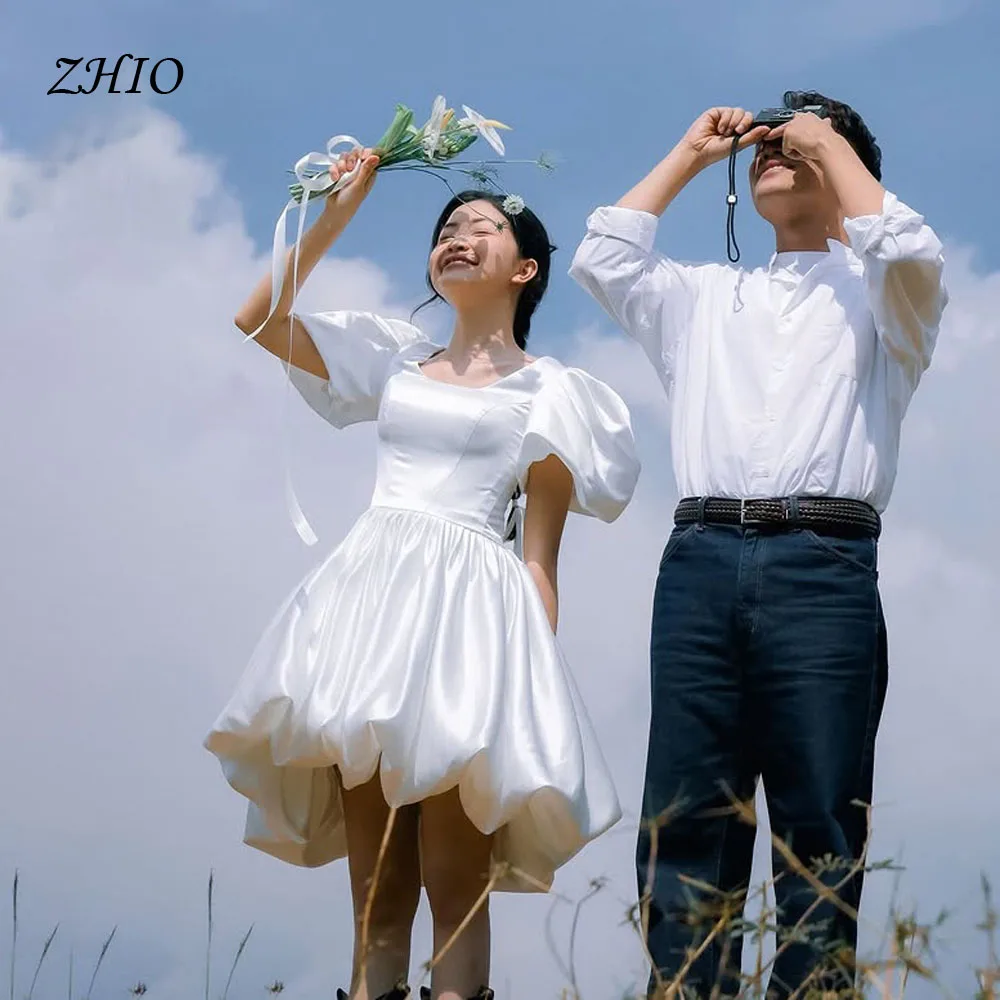 ZHIO Cute Square Collar Puff Sleeves Korea Short Wedding Dresses Satin A Line Customized Bride Photos Shoot Party Gowns