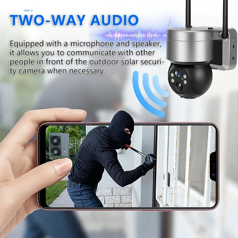 كاميرا تعمل بالطاقة الشمسية 4G Sim خارجية بعدسة مزدوجة WiFi 5MP IP Camara CCTV Security المدمج في بطارية PIR Cam مع لوحة طاقة شمسية Camhi Pro