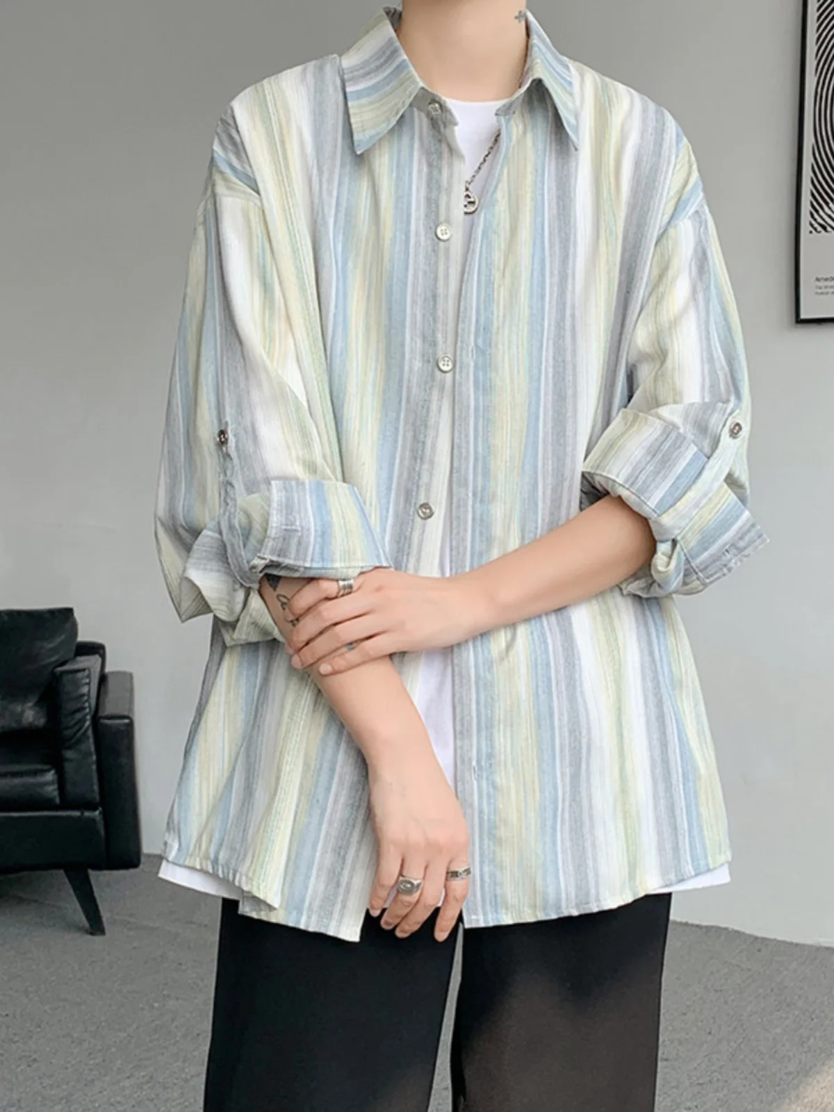 

SuperAen 2024 Korean Style Vertical Stripe Lapel Collar Long Sleeved Shirt Casual Summer Loose Thin Shirt