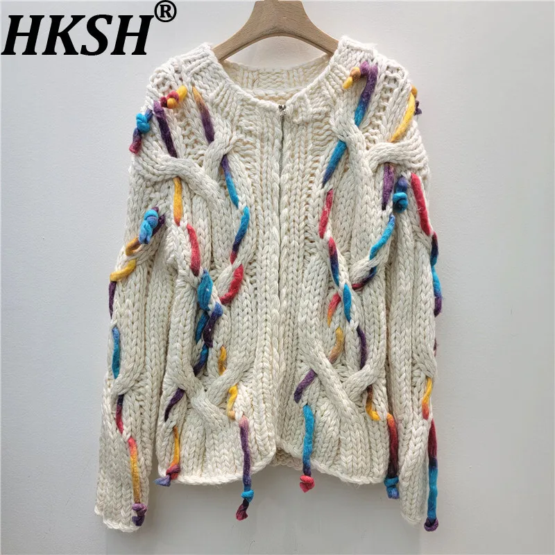 

HKSH Autumn Winter New Women Sweater Round Colllar Zipper Colorful Tassel Braided Knitted Cardigan Elegant Y2K Chic Coat HK16310