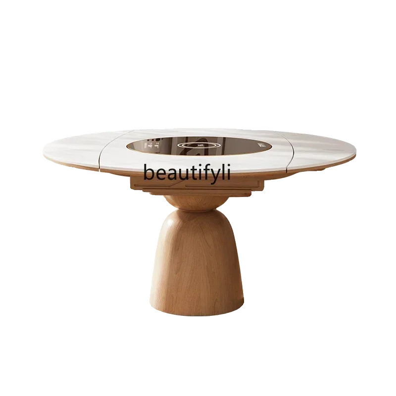 Folding table Solid wood dining table Embedded turntable Induction cooker Dual-purpose retractable rock slabNew Light L