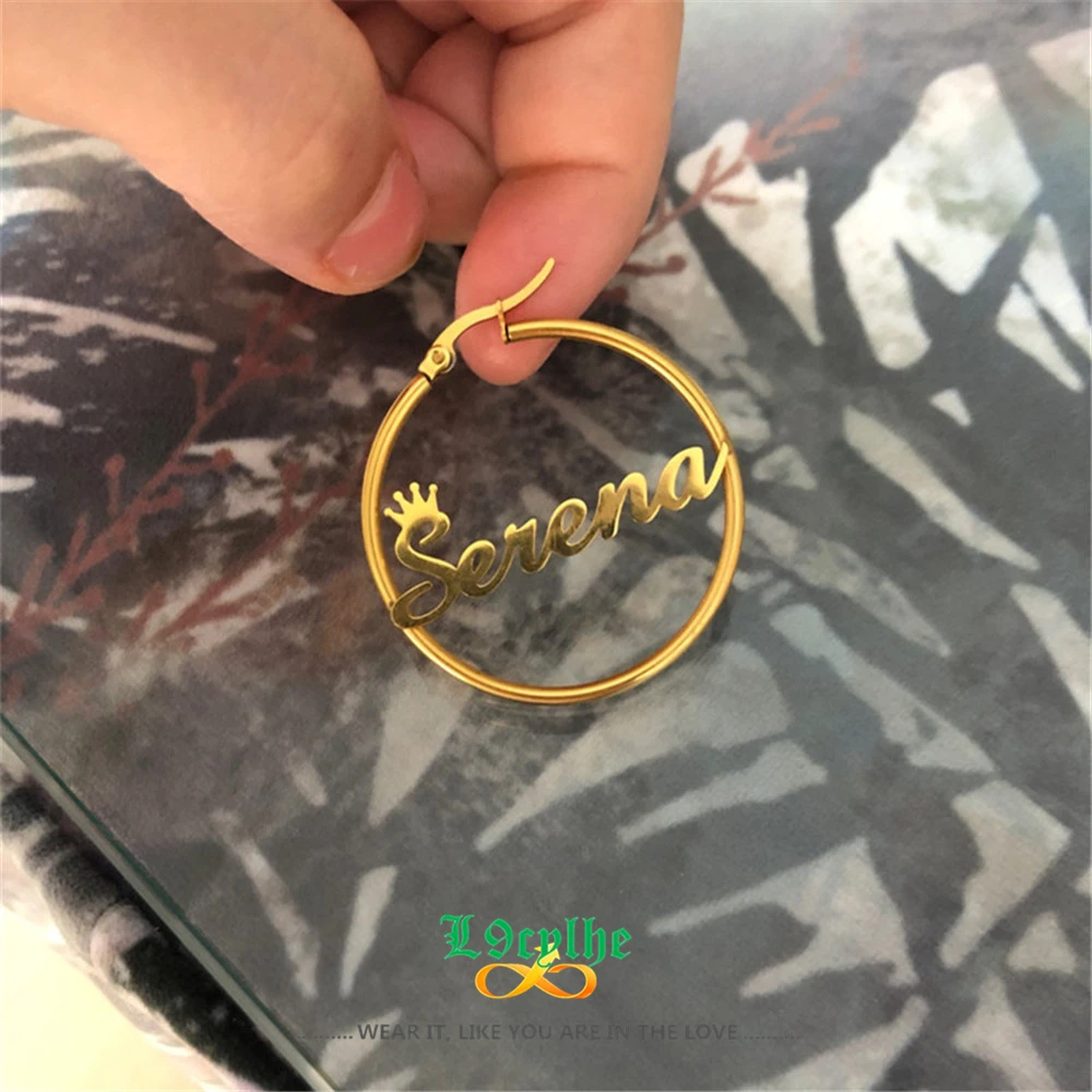 Custom Name Hoop Earrings Personalized Gold Stainless Steel Earrings For Women Letter Nameplate Circle Crown Earrings Jewelry