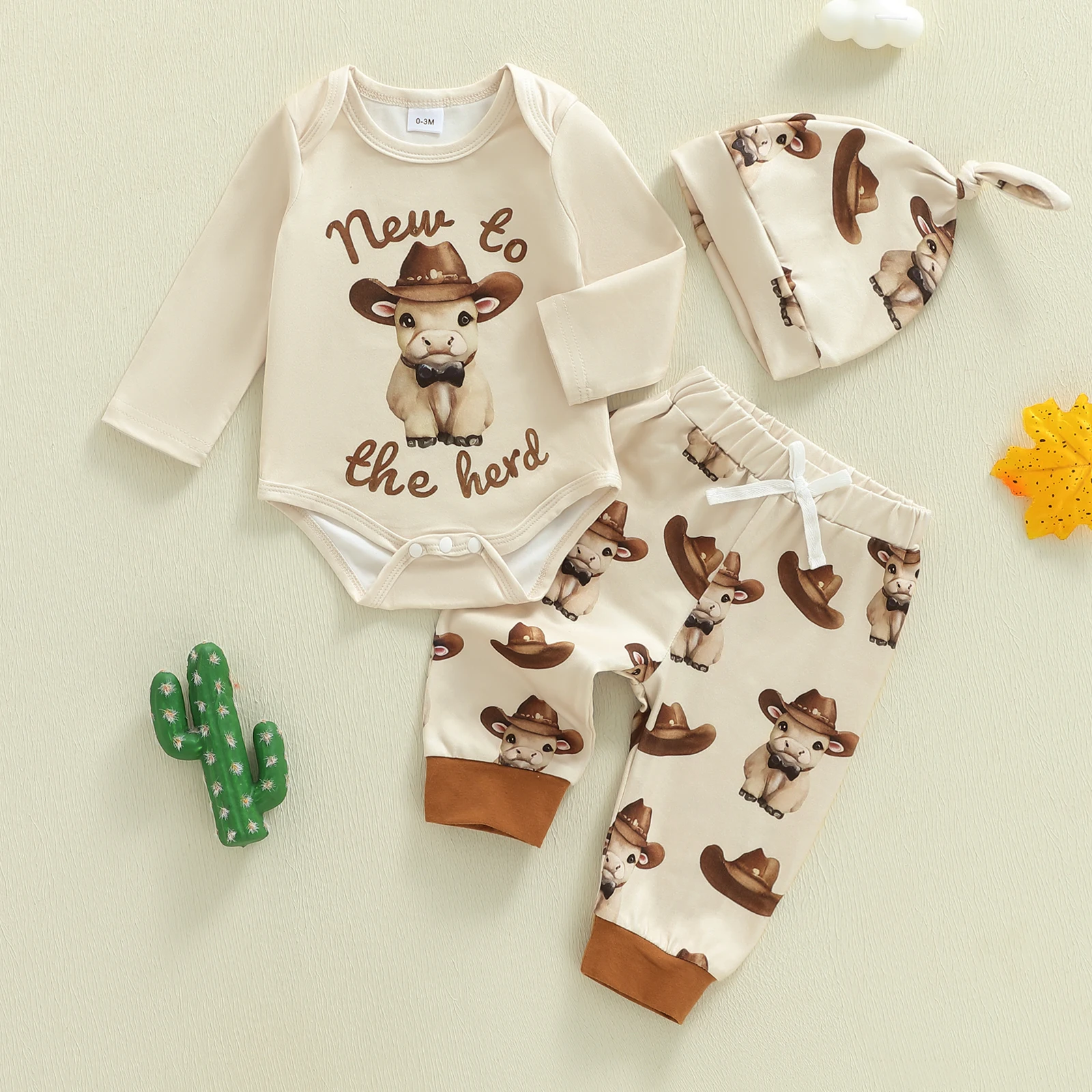 3피스 유아 남아 의상 카우걸 송아지 프린트 긴팔 크루넥 롬퍼 밴딩 조거 팬츠 모자 세트 남아 의류