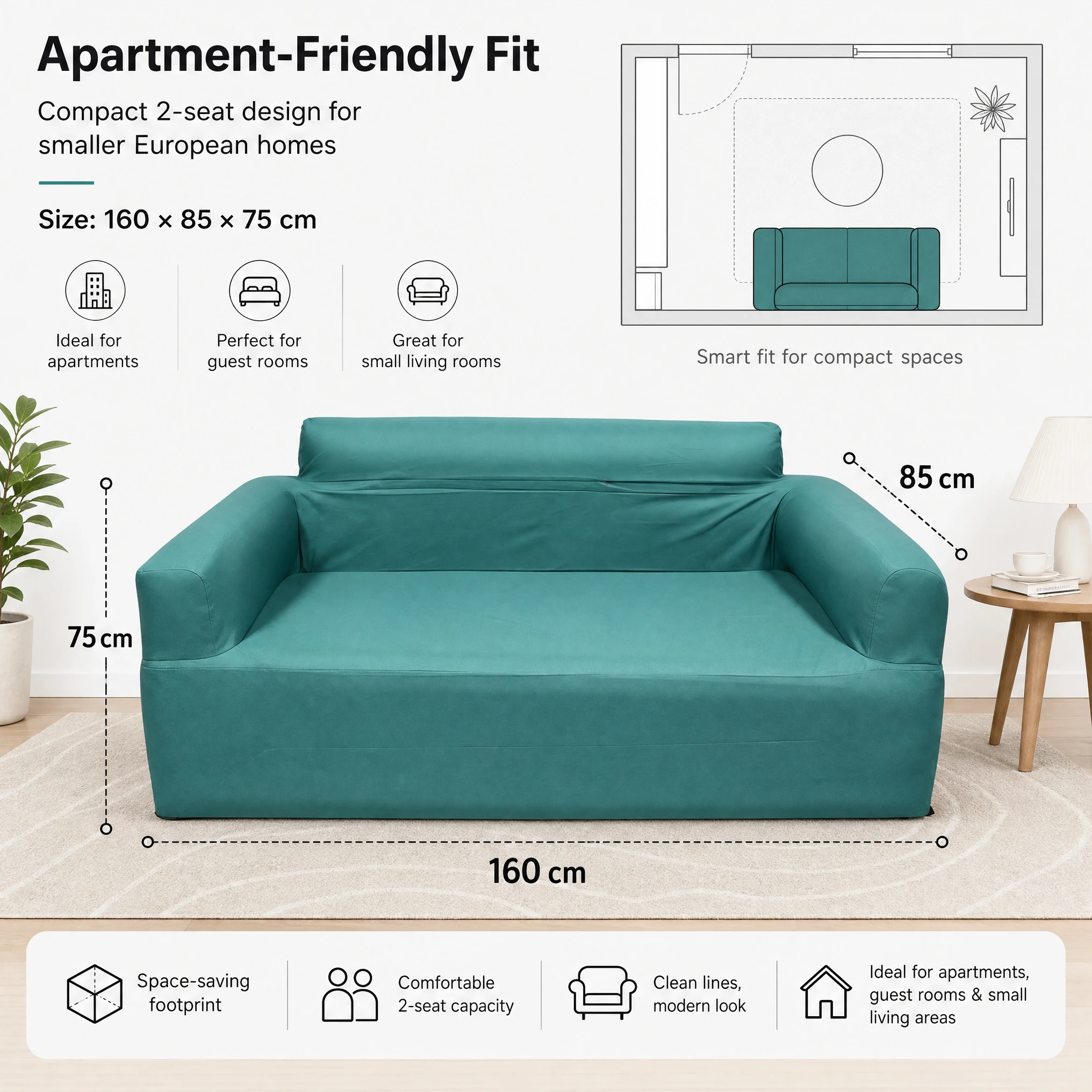 Removable Washable Cover 2 Seater Double Fabric Sofa High Elastic No Sagging Wear Resistant Couch for Small Space Bedroom