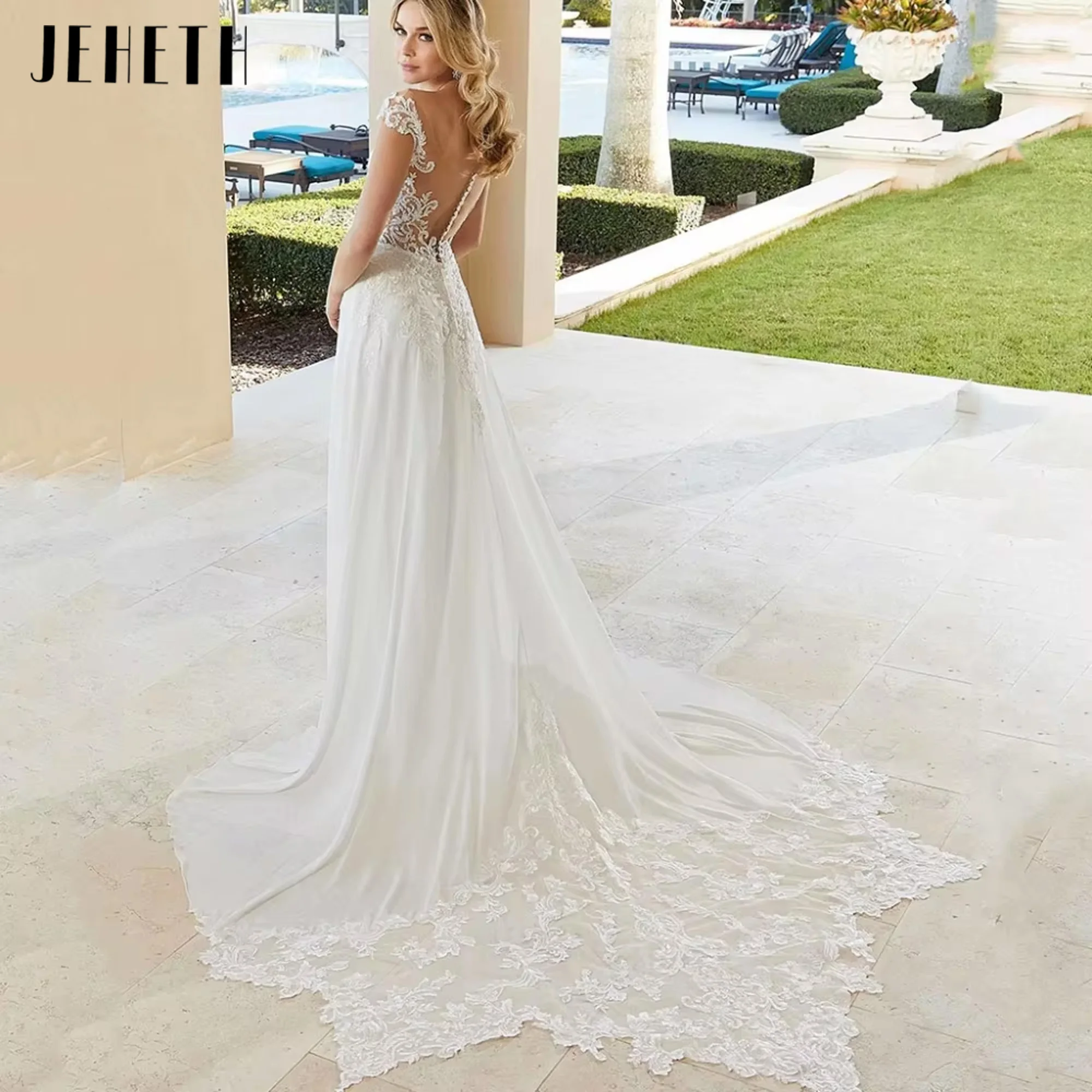 JEHETH Elegant V-Neck Wedding Dresses Cap Sleeves Bridal Gowns A-Line Bride Robes Applique Luxury New Robe De Mariée Customized