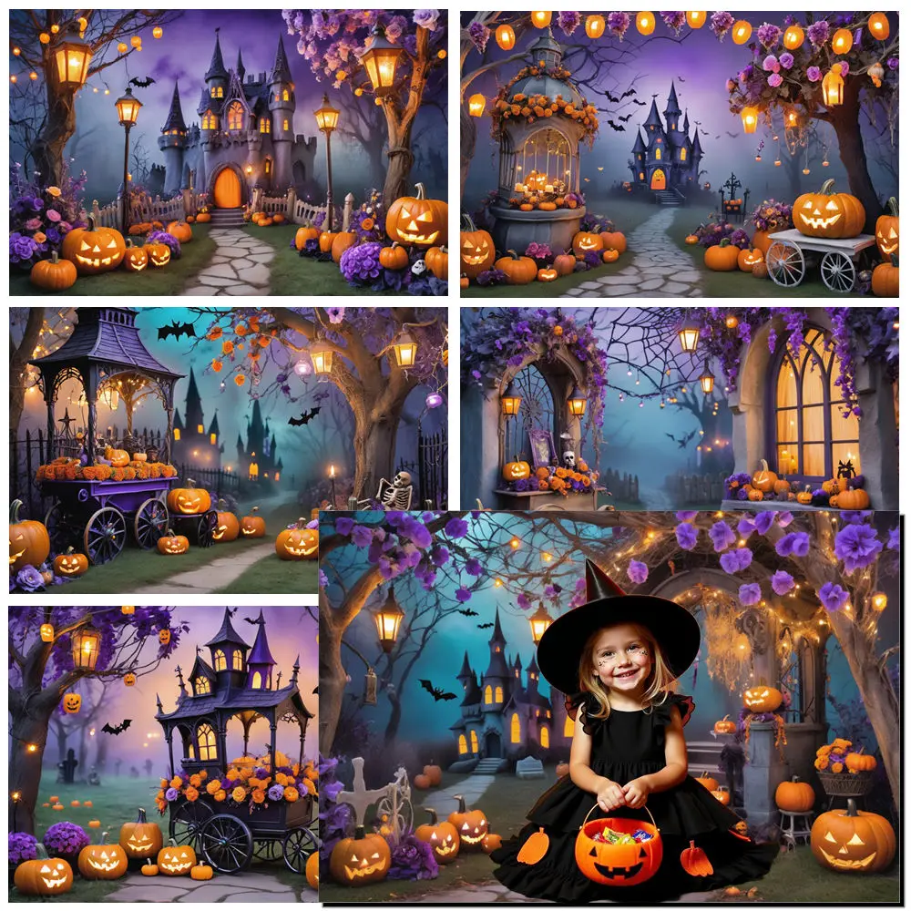 MOON.QG 할로윈 성 보라색 꽃 사진을위한 배경 호박 배경 Photozone 촬영 액세서리 사진 스튜디오