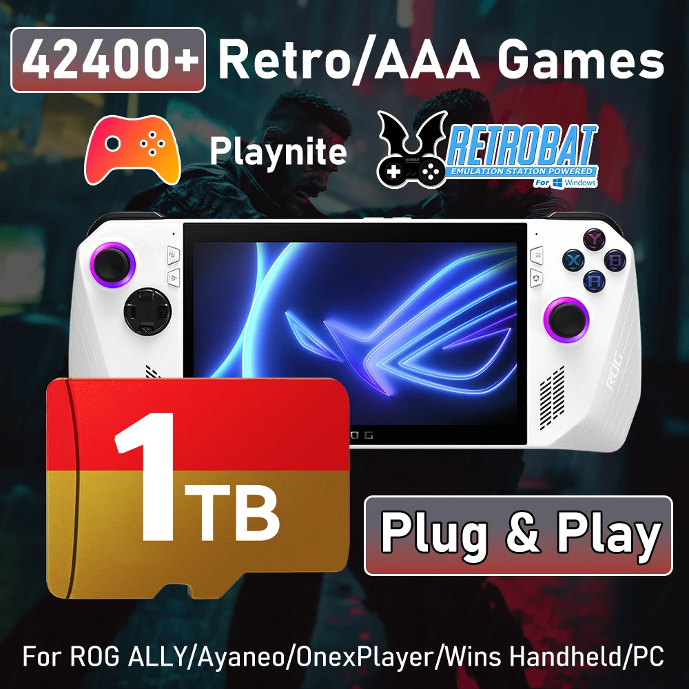 بطاقة ألعاب 512G/1 تيرا بايت مع 42000 + ألعاب ريترو/AAA بطاقة TF لأجهزة PSP/PS3/PS2/PS1/N64/MAME/WIIU لوحدات تحكم الألعاب المحمولة ROG Ally/Win
