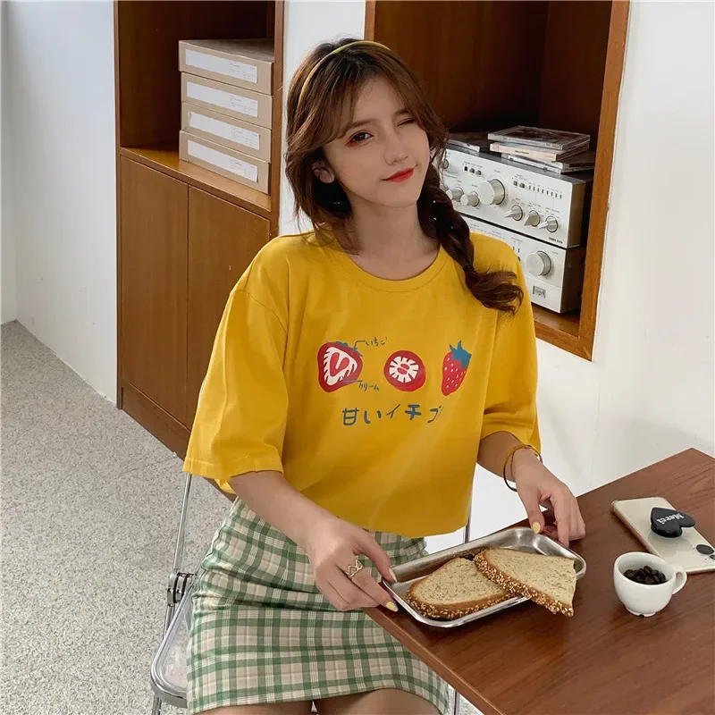 New Women Chic Cartoon Fruit Tops Kawaii Short Sleeve T-shirts Cottagecore Tees Girl Spring Summer Fashion Casual Loose T-shirts