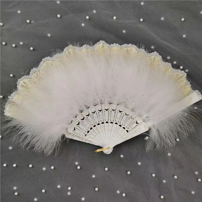 Feather Fans Flower Lace Trim Fan Folding Handheld for Women Hand Craft Halloween Christmas