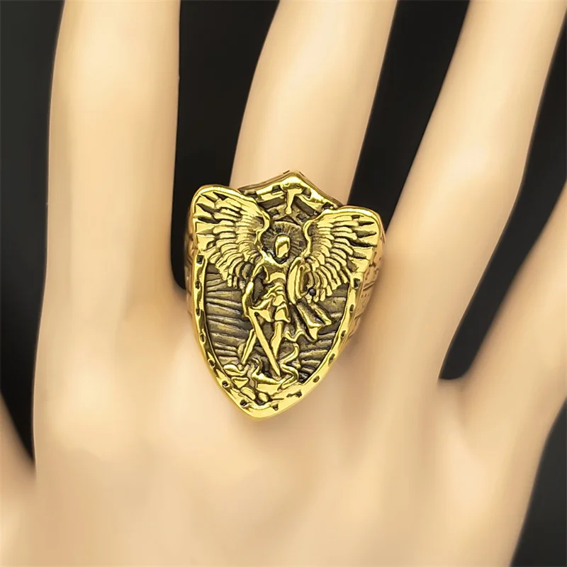316L Vintage Saint Michael Erzengel Ring für Frauen Männer Edelstahl Gold Farbe Ritter Schild Finger Ring Amulett Schmuck – Detail 9