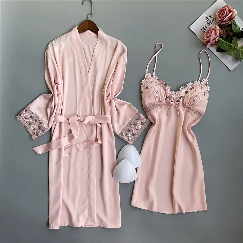 Summer New Twinset Robe Set Women Lace Kimono Bathrobe Gown Sexy Casual Satin Sleepwear Nightgown Flower Homewear Negligee