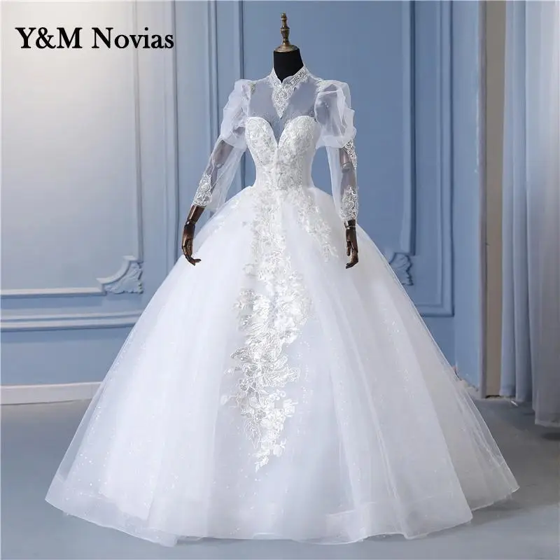 Y & m novias billig High Neck Perlen Brautkleid Dubai Stil Vintage Spitze Hochzeits kleid für Party Frauen Bridel Kleider lange Ärmel