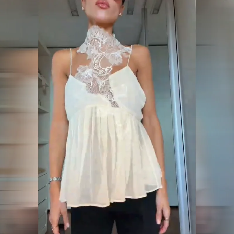 Solides Spitzen-Patchwork-Oberteil für Damen mit Spaghettiträgern, transparentem Chiffon und plissiertem Camisole-Top, 2026 neue Sommerkollektion für den Alltag und Dates, Damen-Cami-Tops. – Detail 2