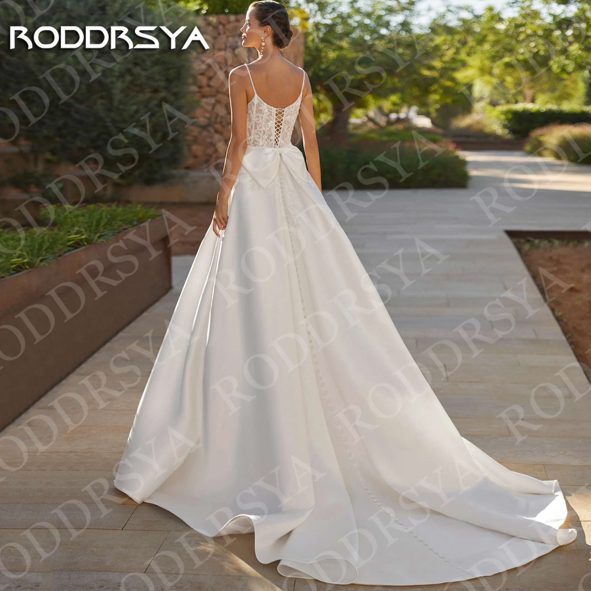 RODDRSYA Satin Wedding Dress A Line Square Neck Woman Elegant Spaghetti Strap Lace Appliques High Slit Bridal Dresses Customized
