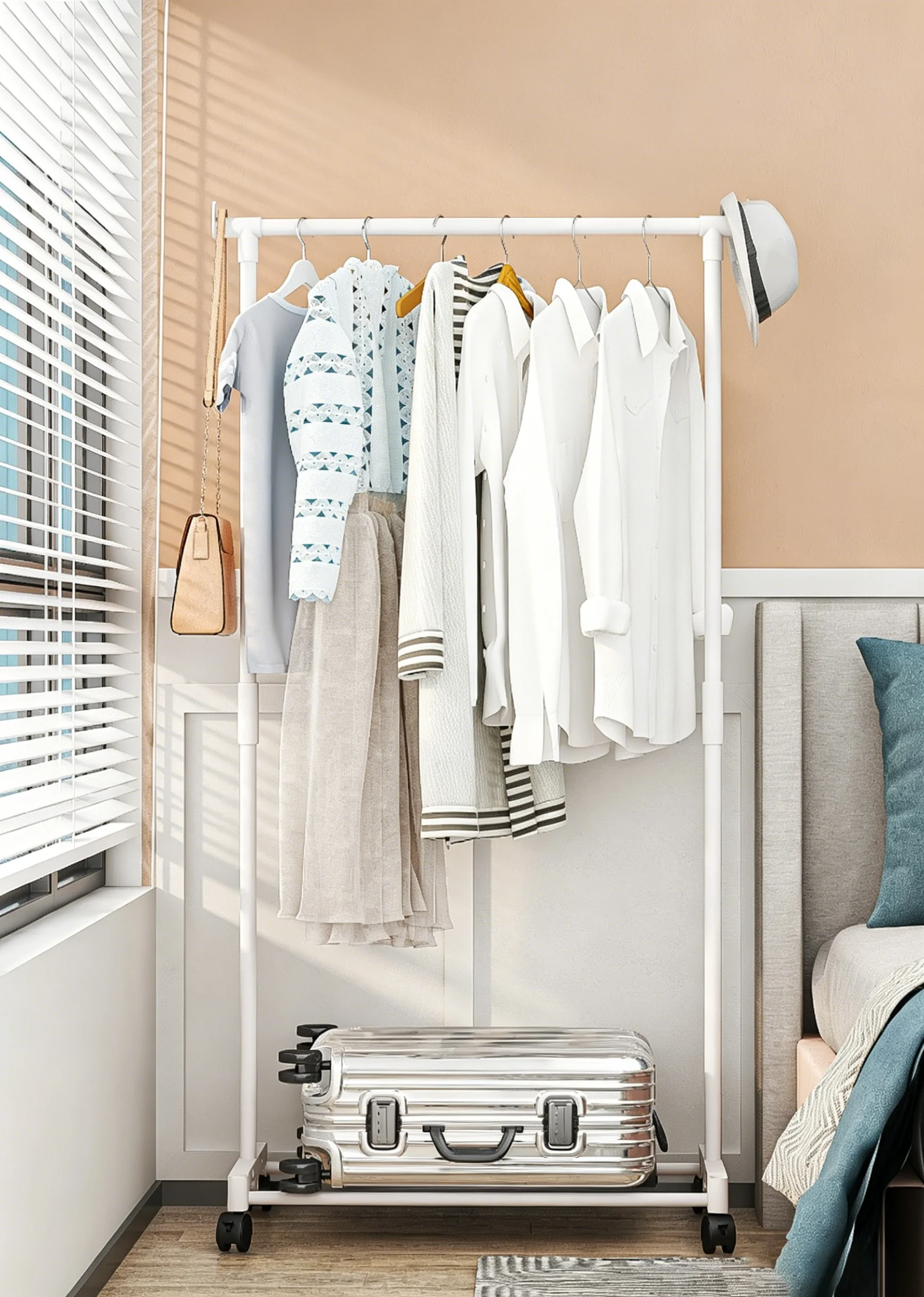 New Model of Double-Layer Floor-Standing Clothes Drying Rack with Wheels, All-Metal Thickened Double Rods, Movable Large-Capacity Clothes Drying Rack, Suitable for Balcony and Bedroom, Strong Load-Bearing Capacity, Space-Saving