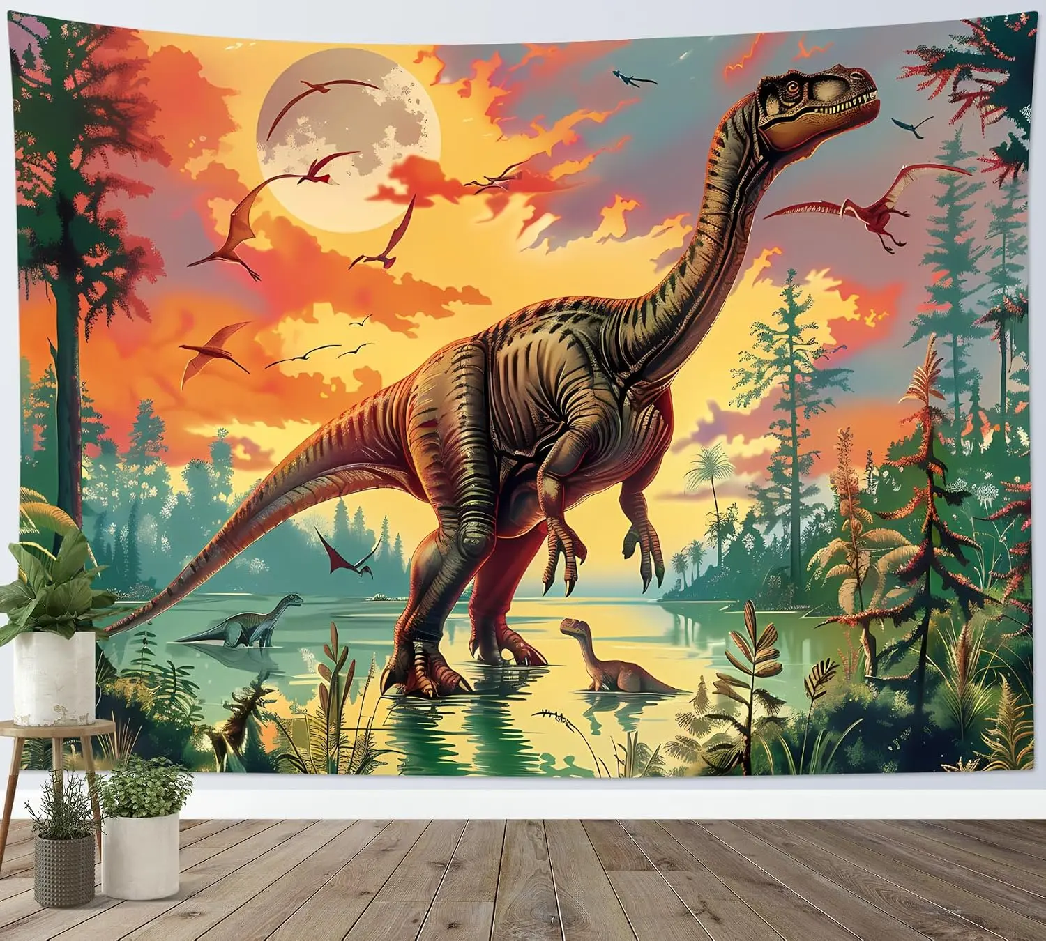 Dinosaur Tapestry Jungle Sunset Wall Hanging Polyester Mesozoic Era Jurassic Tropical Swamp Adventure Room Decor Art Print