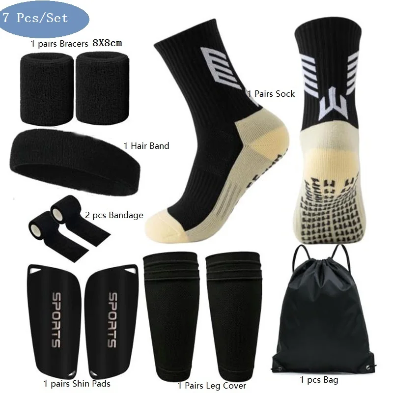 7Pcs Set High Elastic Football Shin Guards Socks Leg Coveradult Youth Outdoor Sports Protective Non-slip Men's Soccer Socks