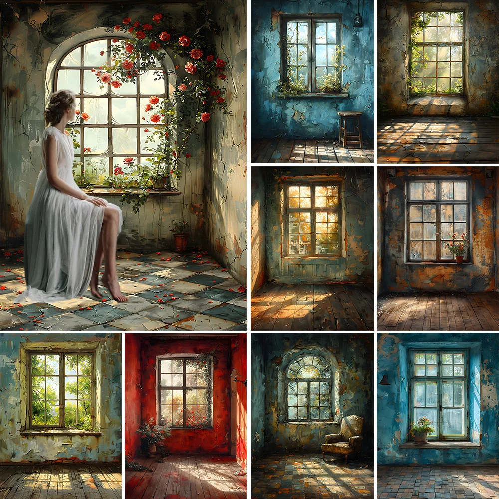 

Adult Retro Photography Background Grunge Room Window Sunlight Floor Background Decoration Photo Booth Damaged Wall Wallpaper